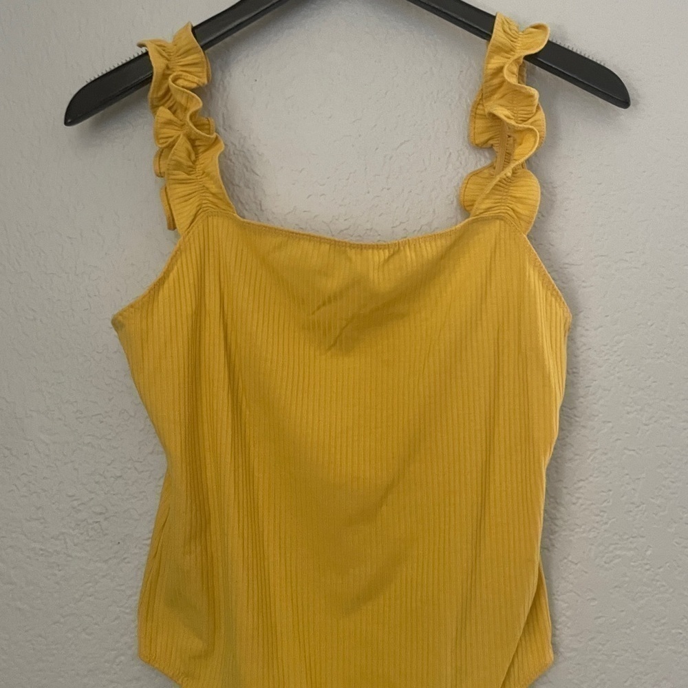 ELODIE Yellow Ribbed Tank Ruffle Straps Bodysuit Large - Picture 5 of 10
